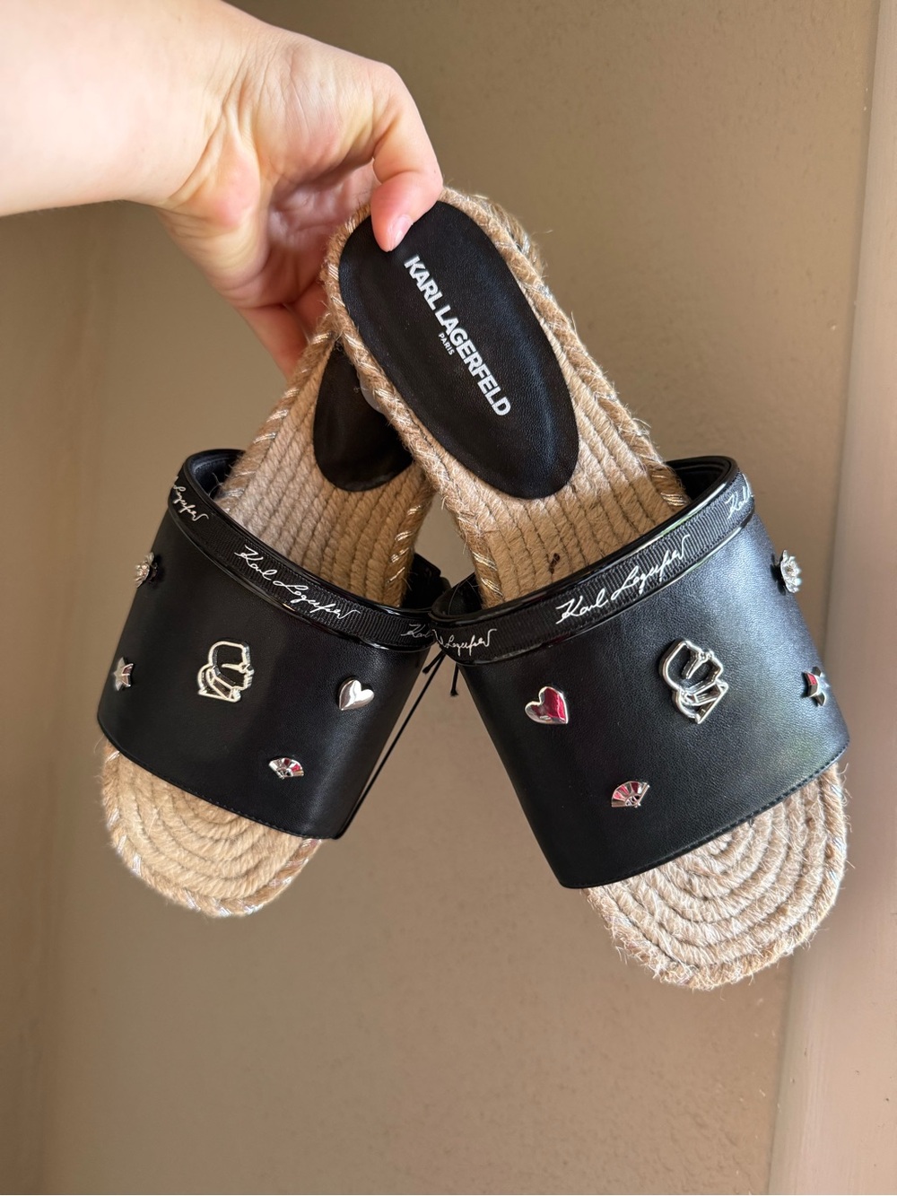 Karl Lagerfeld Black Espadrille Slide Sandals with Metal Charms